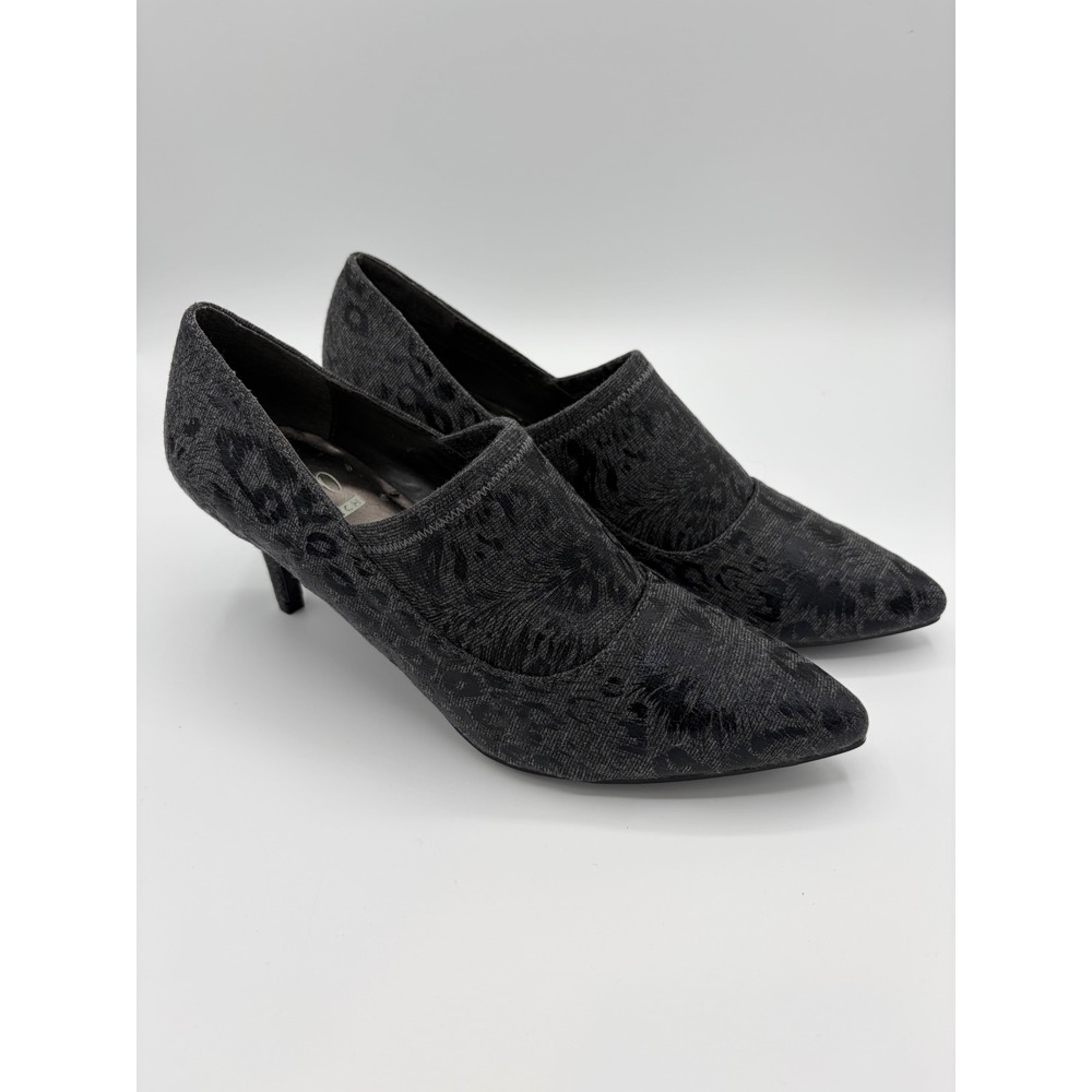 Impo Stretch Womens Grey Black Leopard Print Pointed Toe Kitten Heel Pumps 6.5M